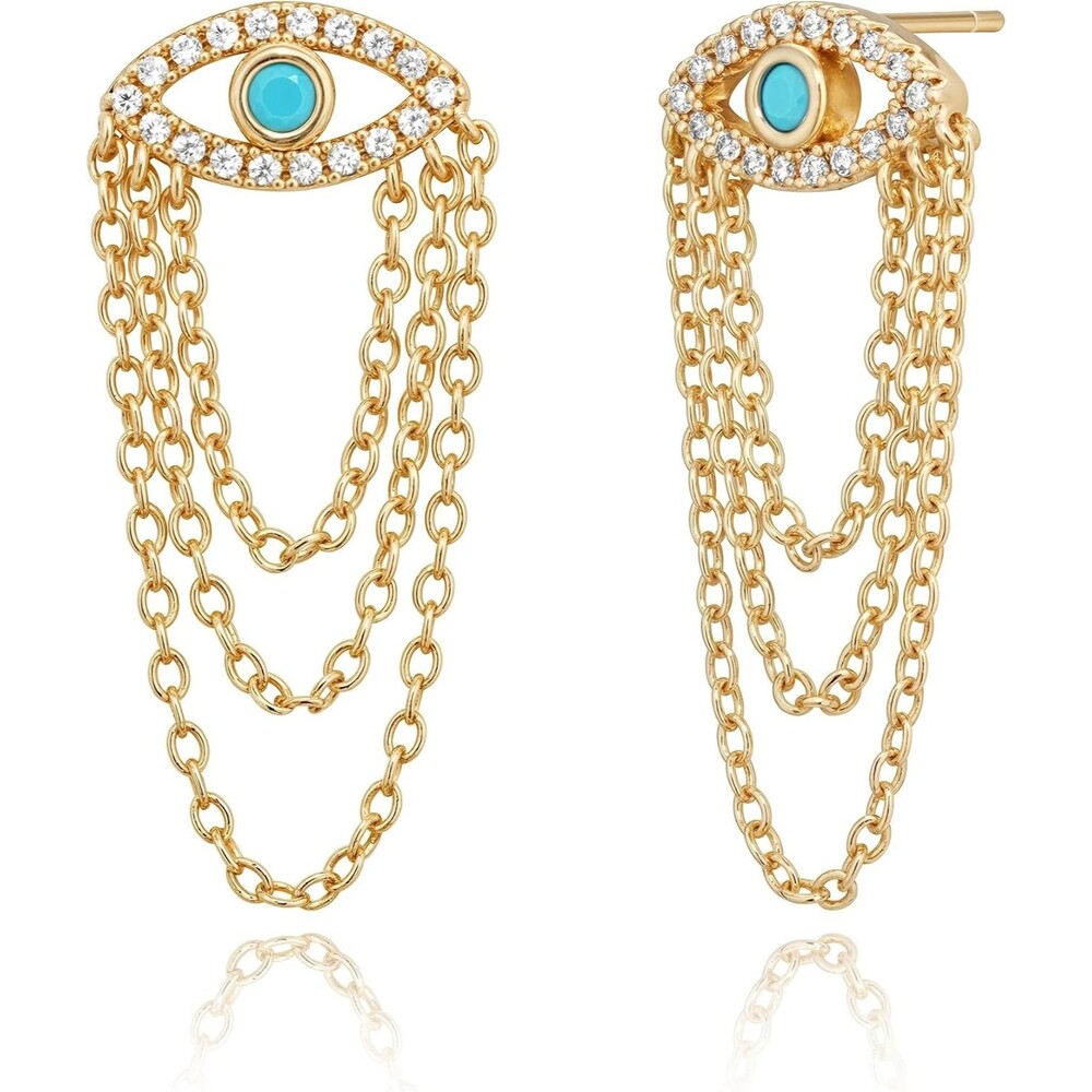 Gold Plated Evil Eye Crown Turquoise CZ Dangle Earrings with Chain for Women